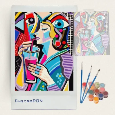 Cubist woman drinking paint by numbers kit with canvas, three brushes, paints and reference sheet