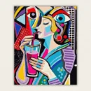 Cubist woman drinking a pink drink through a straw with giant eyes behind paint by numbers finished canvas