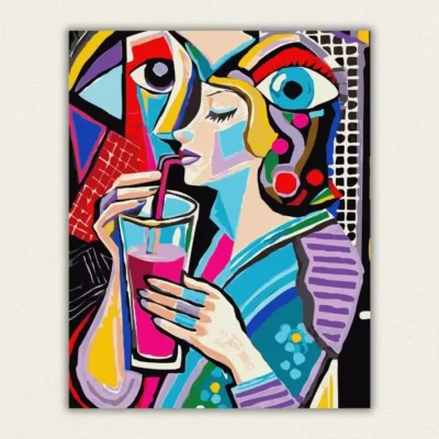 Cubist woman drinking a pink drink through a straw with giant eyes behind paint by numbers finished canvas