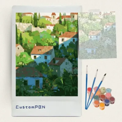 Complete paint by numbers kit contents including canvas, custom PBN label, and brushes, made in USA.