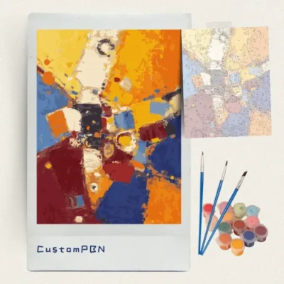 Complete CustomPBN paint by numbers kit with bold burst abstract canvas, acrylic paints, and brushes