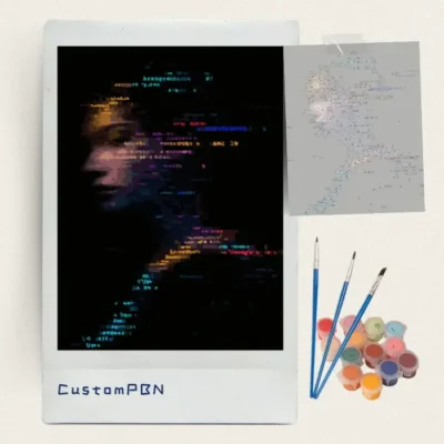 Complete CustomPBN cyberpunk code rain paint by numbers kit with canvas, paints, and brushes