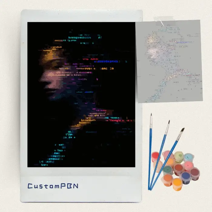 Complete CustomPBN cyberpunk code rain paint by numbers kit with canvas, paints, and brushes