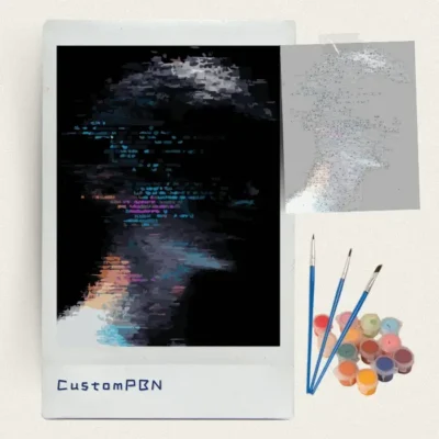 Complete CustomPBN glitch art paint by numbers kit with framed canvas, paints, and brushes