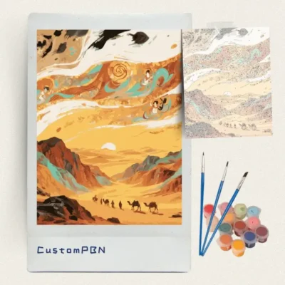 Complete CustomPBN paint by numbers kit with canvas, acrylic paints, and brushes for desert art