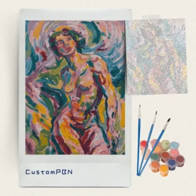 Complete CustomPBN paint by numbers kit with expressionist figure canvas, acrylic paints, and brushes