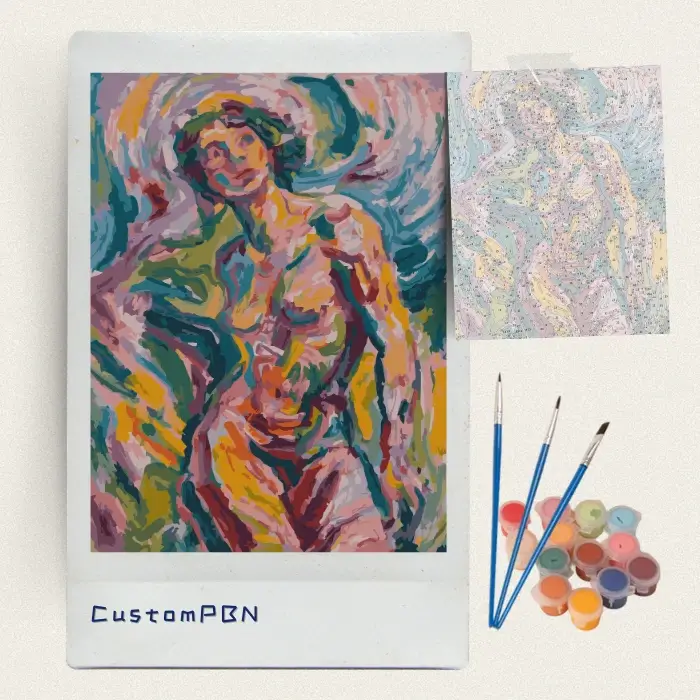 Complete CustomPBN paint by numbers kit with expressionist figure canvas, acrylic paints, and brushes