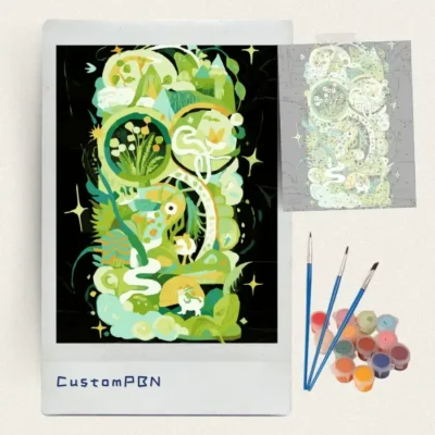 Complete CustomPBN paint by numbers kit with enchanted forest canvas, acrylic paints, and brushes