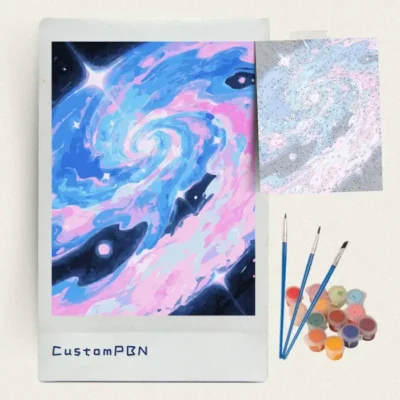 Complete CustomPBN cosmic paint by numbers kit with canvas, acrylic paints, and brushes