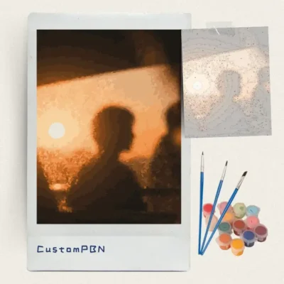 Complete CustomPBN sunset silhouette paint by numbers kit with canvas, paints, and brushes