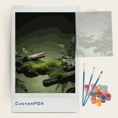 Complete CustomPBN misty jungle paint by numbers kit with canvas, paints, and brushes