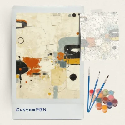 Complete CustomPBN paint by numbers kit with mid-century abstract canvas, acrylic paints, and brushes