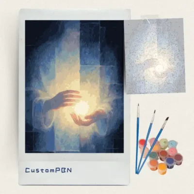 Complete CustomPBN spiritual paint by numbers kit with canvas, paints, and brushes