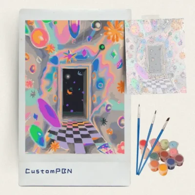 Complete CustomPBN paint by numbers kit with cosmic doorway canvas, acrylic paints, and brushes