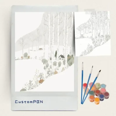 Complete CustomPBN paint by numbers kit with winter birch canvas, acrylic paints, and brushes