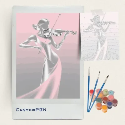 Complete CustomPBN paint by numbers kit with canvas, acrylic paint pots, and brushes for violin art