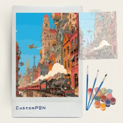 CustomPBN steampunk city complete DIY paint by numbers kit with paints and brushes