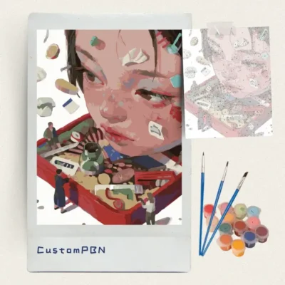 CustomPBN complete DIY paint by numbers kit with surreal red drawer design