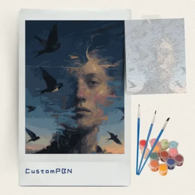 CustomPBN complete DIY paint by numbers kit with surreal portrait canvas, paints and brushes