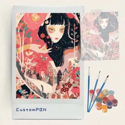 CustomPBN whimsical anime girl complete DIY paint by numbers kit with paints and brushes