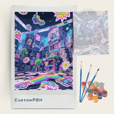 Neon cyber city paint by numbers kit with canvas, three brushes, paints and reference sheet