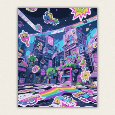 Neon cyber city street filled with floating cartoon stickers in pink, green and blue paint by numbers finished canvas