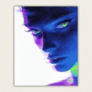 Close up cyberpunk face with glowing green eyes and violet blue skin against white paint by numbers finished canvas