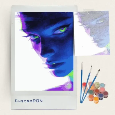Cyberpunk face paint by numbers kit with canvas, three brushes, paints and reference sheet