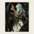 Blue haired angel knight in golden armour holding a burning crown paint by numbers finished canvas