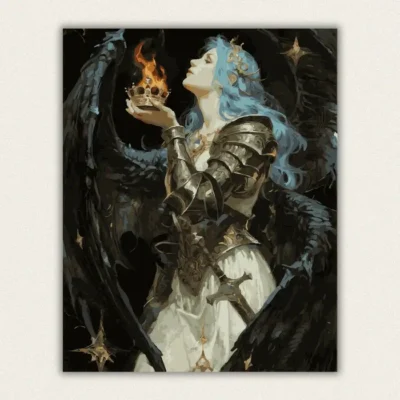 Blue haired angel knight in golden armour holding a burning crown paint by numbers finished canvas