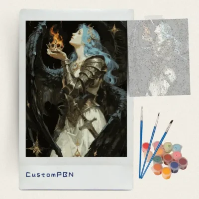 Dark fantasy angel knight paint by numbers kit with canvas, three brushes, paints and reference sheet