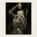 Armoured female knight raising a flaming skull beside a longsword paint by numbers finished canvas