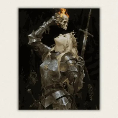 Armoured female knight raising a flaming skull beside a longsword paint by numbers finished canvas