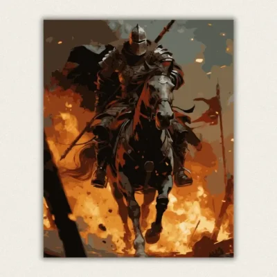 Armoured knight on horseback charging through flames and smoke paint by numbers finished canvas