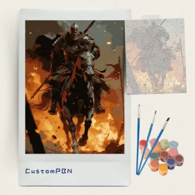 Dark fantasy knight paint by numbers kit with canvas, three brushes, paints and reference sheet
