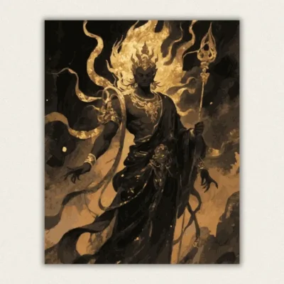 Dark skinned deity with a golden crown and jewelled robes paint by numbers finished canvas