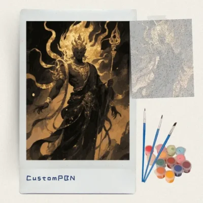 Dark golden deity paint by numbers kit with canvas, three brushes, paints and reference sheet