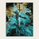 Mythic warrior with white flame hair and a long sword in teal robes against gold clouds paint by numbers finished canvas