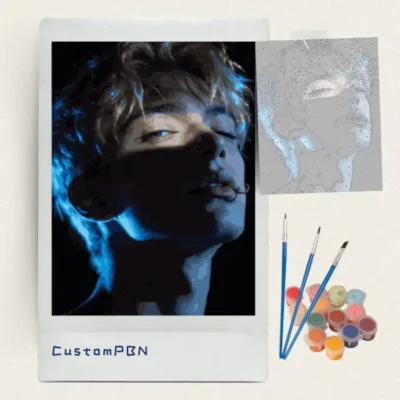 Dark portrait with blue rim light paint by numbers kit with canvas, three brushes, paints and reference sheet