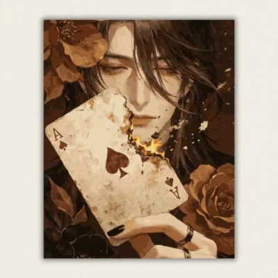 Long haired man holding a burning ace of spades playing card paint by numbers finished canvas
