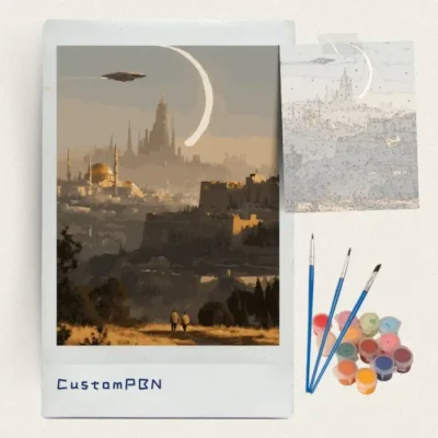 Domed city and white ring paint by numbers kit with canvas, three brushes, paints and reference sheet