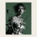 Double exposure portrait of a woman on deep green with dried branches paint by numbers finished canvas