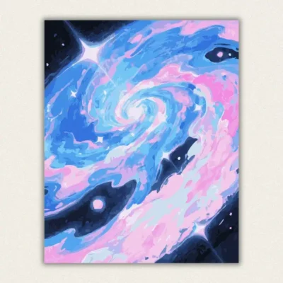 Pink and blue cosmic swirl nebula paint by numbers canvas with bright stars