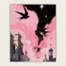 Dreamy pink clouds with a black starry rift and swallows flying over a city paint by numbers finished canvas