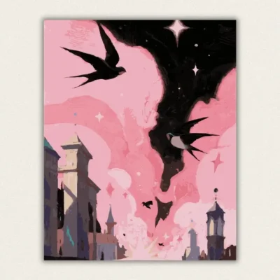 Dreamy pink clouds with a black starry rift and swallows flying over a city paint by numbers finished canvas