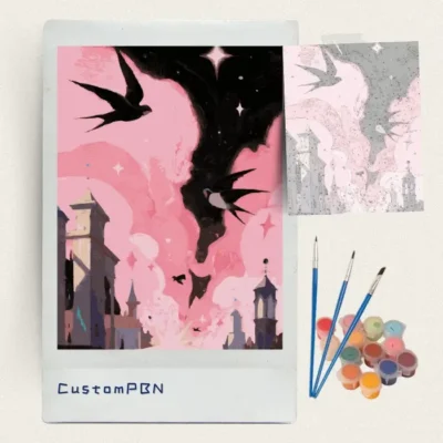 Dreamy pink clouds paint by numbers kit with canvas, three brushes, paints and reference sheet