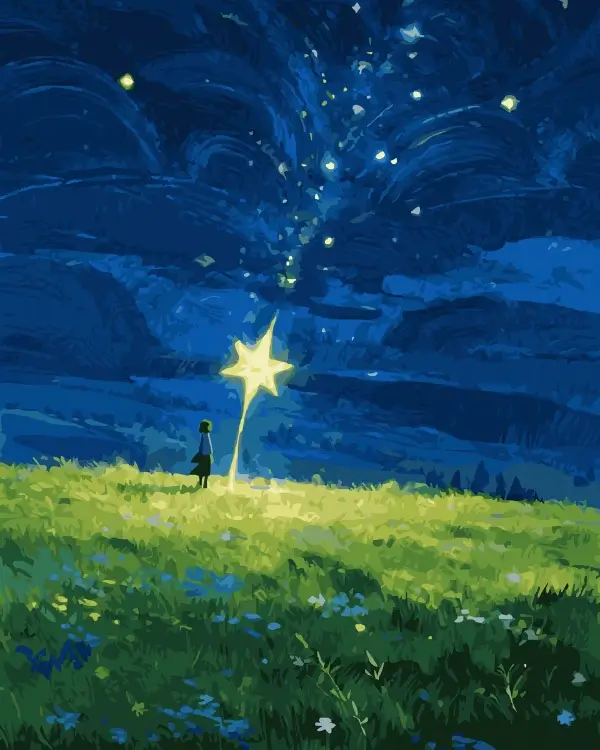 A person standing in a grassy field looking at a glowing star in a deep blue, dreamy night sky. Paint by numbers canvas.