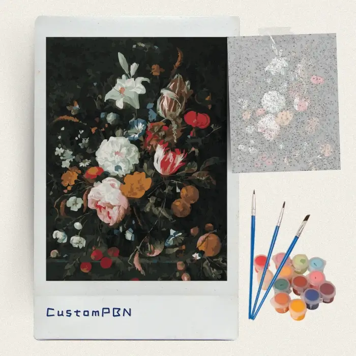 Dutch lily and tulip paint by numbers kit with canvas, three brushes, paints and reference sheet