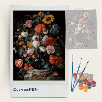 Dutch blue vase sunflower paint by numbers kit with canvas, three brushes, paints and reference sheet