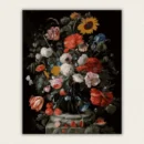 Dutch floral still life with sunflowers in a blue vase on a stone pedestal paint by numbers finished canvas